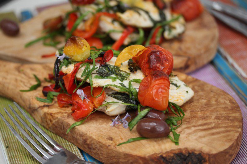 This succulent Mediterranean chicken dish features tasty roasted peppers, sweet vine cherry tomatoes, delectable herbs, perfumed garlic and salty olives. A delicious mid-week supper for the whole family but equally successful served up at any dinner party event.