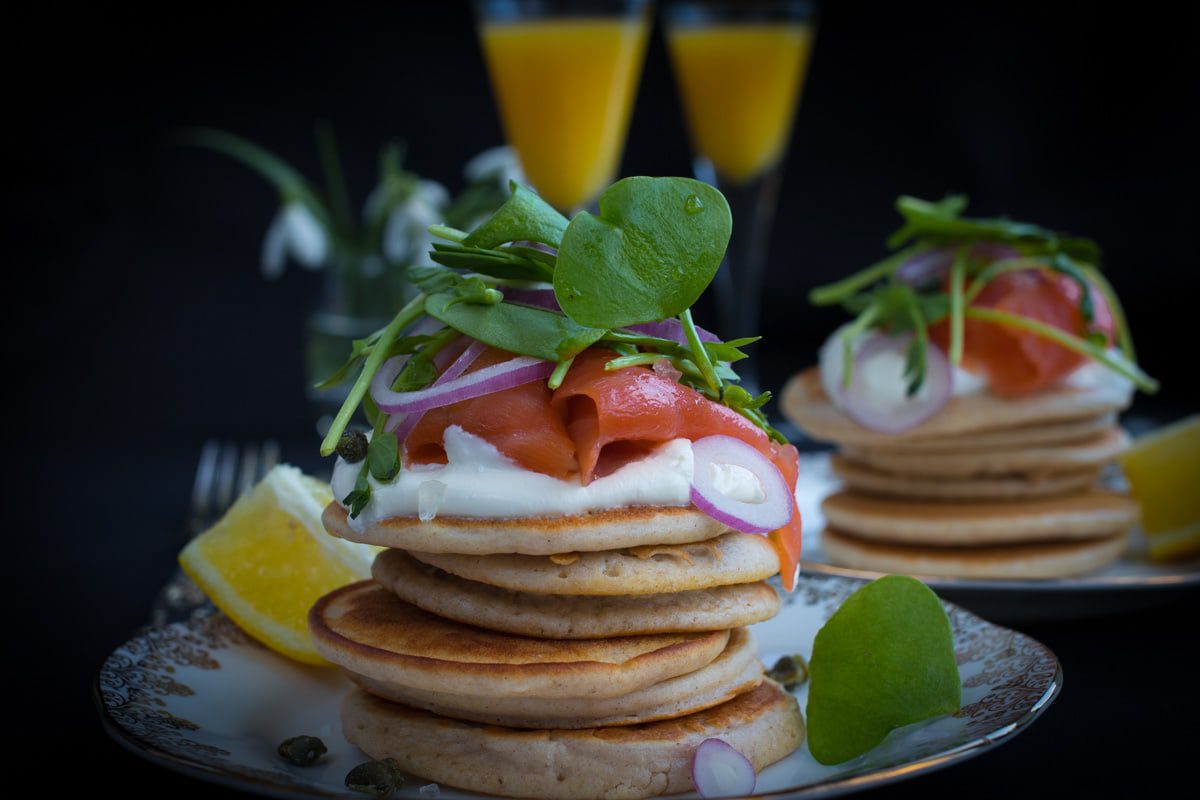 Gluten-free Buckwheat Pancakes with Sour Cream, Smoked Salmon and Salted Capers