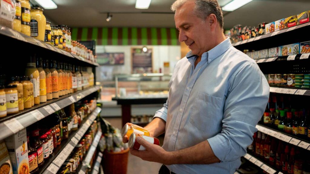 Man in shop comparing food labels