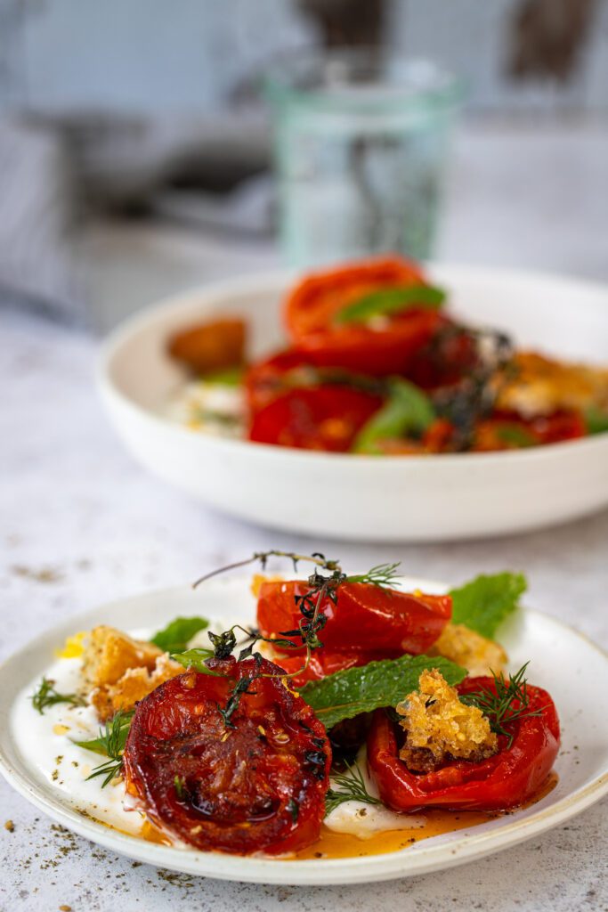 Roasted Vine Tomato & Yoghurt Salad with Crunchy Za’atar Croutons